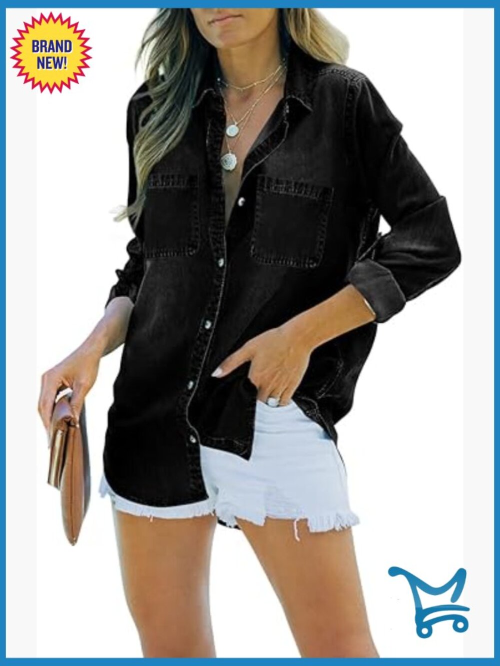 Womens Button Down Denim Shirt Long Sleeve Boyfriend Jean Jacket Shacket with